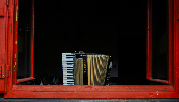 Accordion in a Cafe Window, Lake Bled, Slovenia